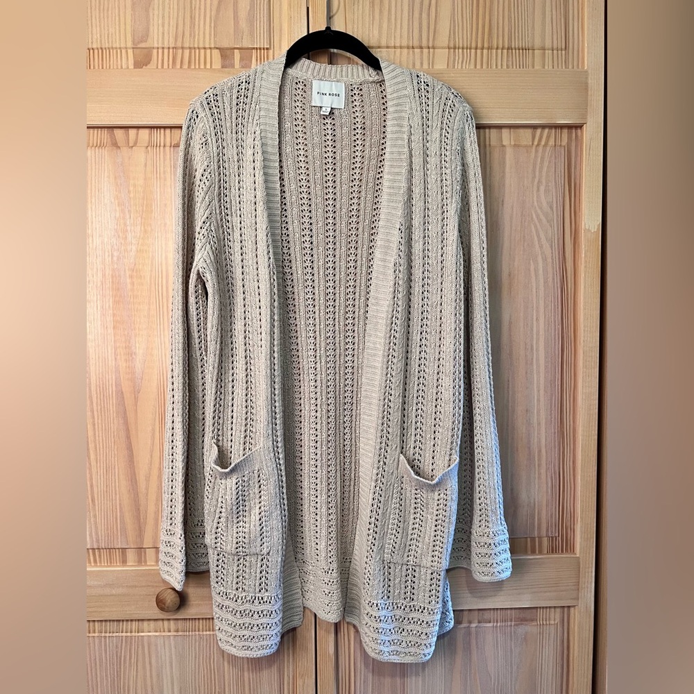 Pink Rose tan colored open front cardigan size L
